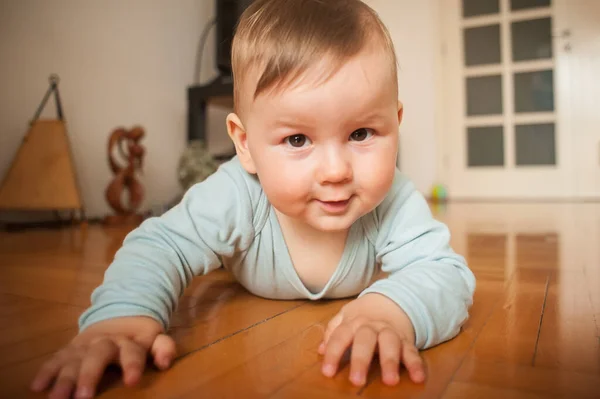 Portrait Cute Happy Smiling Baby Boy Crawls Home Floor Looking — Stock Photo, Image
