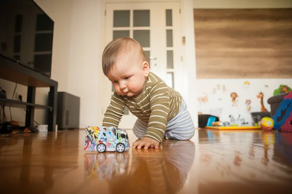 Cute Baby Boy Crawls Home Floor Explore World Things Him — Stock Photo, Image