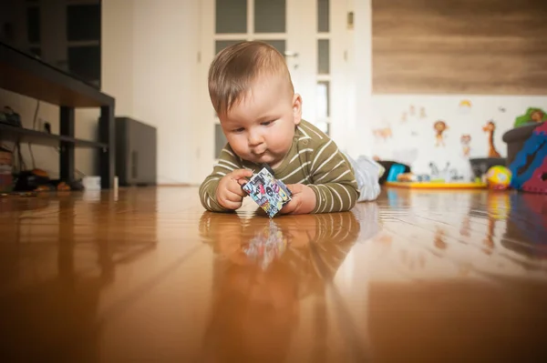 Cute Baby Boy Crawls Home Floor Explore World Things Him — Stock Photo, Image