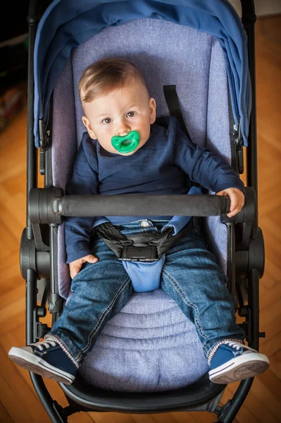 Portrait Cute Baby Boy Jeans Shoes Pram Baby Carriage Looking — Stock Photo, Image