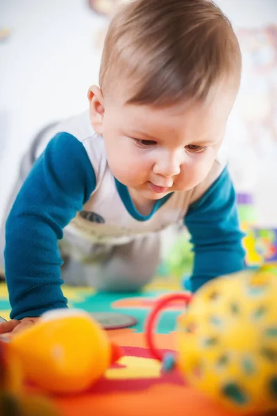 Cute Baby Boy Crawls Explore Things Surrounded Colourful Toys Love — Stock Photo, Image