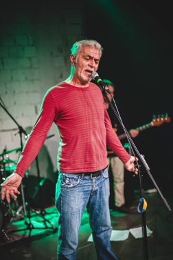 Sahnedeki canlı performans sırasında yakın plan bir sanatçı portresi. Punk rock müzik grubu