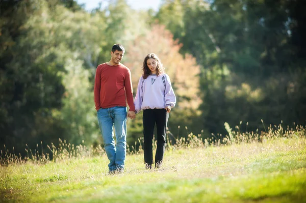 Att Bli Förälskad Romantiskt Par Njuter Ängen Promenad Tillsammans Naturen — Stockfoto