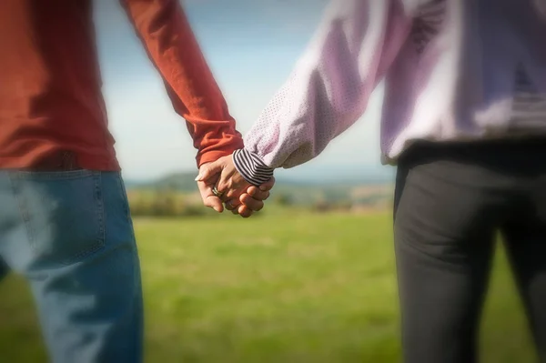 Couple Holding Hands Autumn Spring Day Park Close Loving Couple — Stock Photo, Image