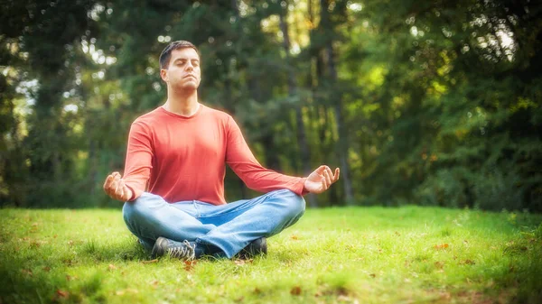 Jongeman Dagelijkse Casual Kleding Doen Yoga Ontspannen Oefening Natuurpark Outdoor — Stockfoto