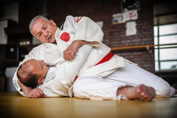 Judo sensei master instructor in traditional gi kimono demonstrate judo ground technique on tatami