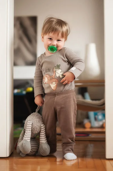 Tender Moment Happy Cute Baby Boy His Favorite Stuffed Toy — Stock Photo, Image