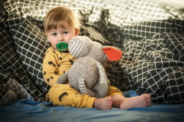 Tender Moment Happy Cute Baby Boy His Favorite Stuffed Toy — Stock Photo, Image