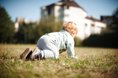 Sevimli erkek bebek taze yeşil çimlerin üzerinde neşeyle sürünüyor, merakla dünyayı keşfediyor.