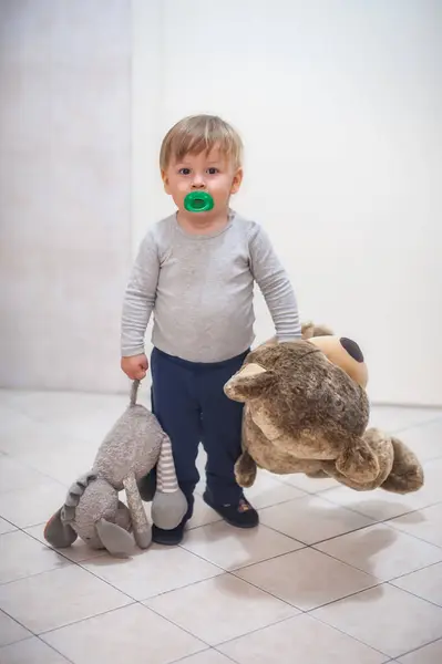 Tender Moment Happy Cute Baby Boy His Favorite Teddy Bear — Stock Photo, Image