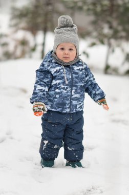 Kar yavaşça yağarken, genç bir çocuk kışın harikalar diyarında duruyor, canlı bir ceket ve örülü bir şapka giymiş, eğlenceli maceralara hazır..