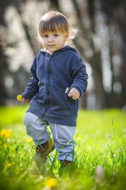 Neşeli genç bir çocuk, güneşli bir günde, doğanın güzelliği içinde yüzerken, iki elinde çiçekler tutarak, saf bir zevk sergiliyor..