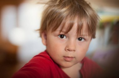 Tökezlemiş kahverengi saçlı meraklı genç bir çocuk kameranın dışında bir şeye dikkatle bakıyor. Parlak bir iç mekanda, bir merak ve keşif duygusu taşıyor gibi görünüyor..