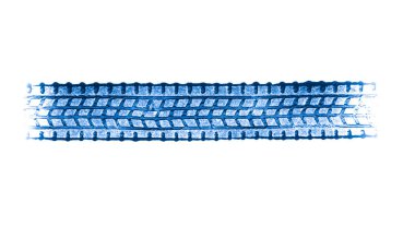 Beyaz arkaplanda mavi lastik izleri var.