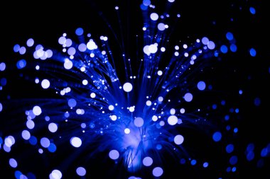 Fiber optik kablolar mavi parlıyor. Bokeh ışık noktaları