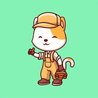 Tamirci Beyaz Kedi Sevimli Çizgi Film Çizimi