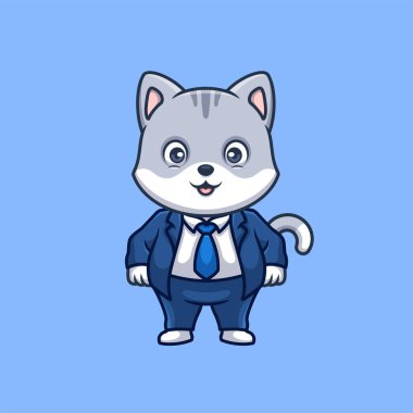 Müdür Gri Kedi Sevimli Çizgi Film İllüstrasyonu