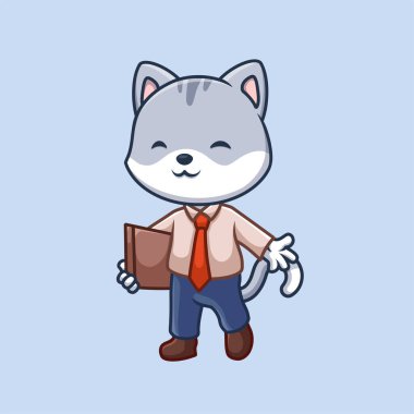 Müdür Gri Kedi Sevimli Çizgi Film İllüstrasyonu