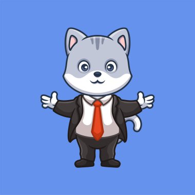 Müdür Gri Kedi Sevimli Çizgi Film İllüstrasyonu