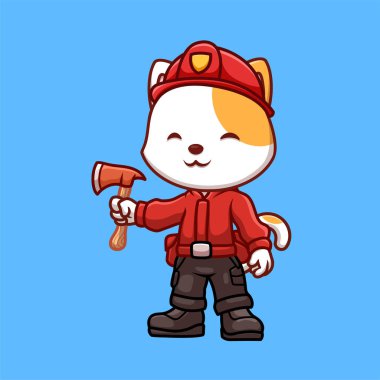 İtfaiyeci Beyaz Kedi Sevimli Çizgi Film Çizimi