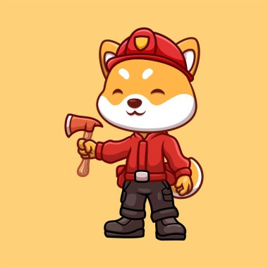 İtfaiyeci Shiba Inu Tatlı Çizgi Film İllüstrasyonu