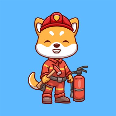 İtfaiyeci Shiba Inu Tatlı Çizgi Film İllüstrasyonu