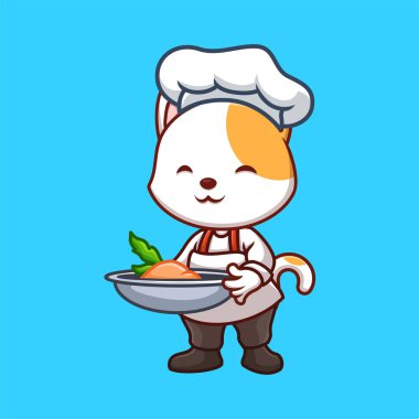 Şef Beyaz Kedi Sevimli Çizgi Film Çizimi