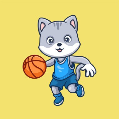 Basketbol Gri Kedi Sevimli Çizgi Film Karakteri İllüstrasyonu
