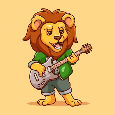 Güçlü ve karizmatik bir karikatür aslan gitaristi, müzik markaları, rock grupları ya da müzik festivalleri için mükemmel. Bu enerjik maskot rock 'n roll' un vahşi ruhunu yakalıyor ve markalaştırma, promosyon malzemesi ve müzikle ilgili ürünler için ideal.