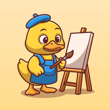 Üzerinde fırça ve tuval olan sevimli sarı ördek resmi. Çocuklar için ideal sanat içeriği, tasarım maskotları, okul illüstrasyonları ve ürünler
