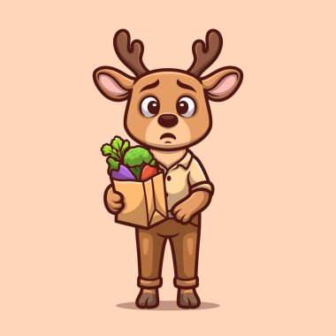 Bir karikatür geyiği hüzünlü bir ifadeyle market alışverişi yapar duygusal içerik ya da günlük hayat teması için mükemmeldir