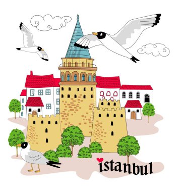  İstanbul çizgi film galata kulesi İstanbul hindi panoramik manzaralı altın boynuz. El çizimi eskizler.