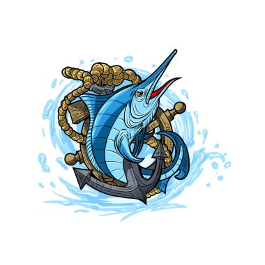 Mavi kılıçbalığının gemi çapası ve dümeni ile resmedilmiş hali. Balıkçı takımı logosu