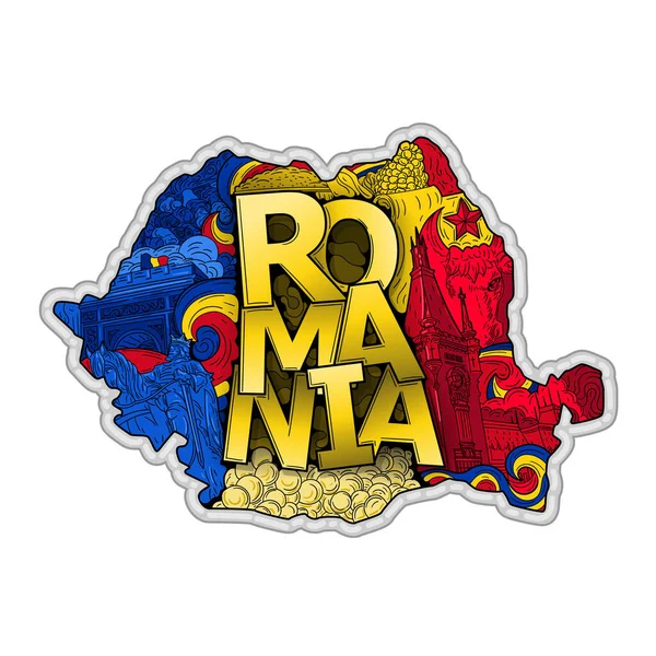 Roemenië Kaart Handgetekende Doodle Stijl Met Belangrijkste Nationale Waarden — Stockvector