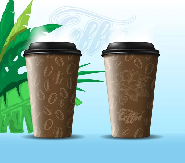 Zwei Einweg Kaffeetassen Mit Einem Texturvorschlag Darauf Auf Einem Exotisch — Stockvektor