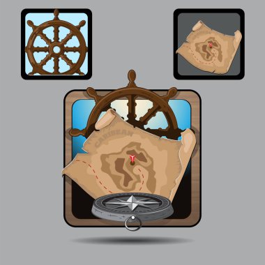 Bir geminin tekerleği, haritası ve pusulasının simgeleri.