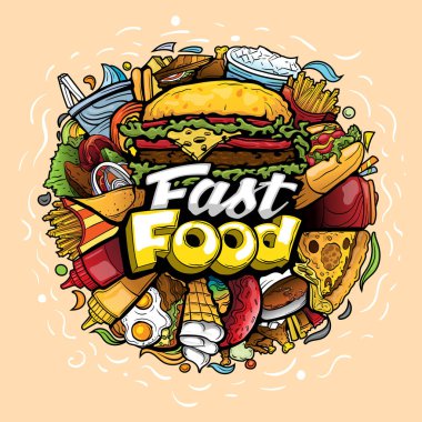 Vektör karikatür çizimleri kümesi. Fast Food temasındaki nesnelerin ve sembollerin bileşimi. İzole çizimler