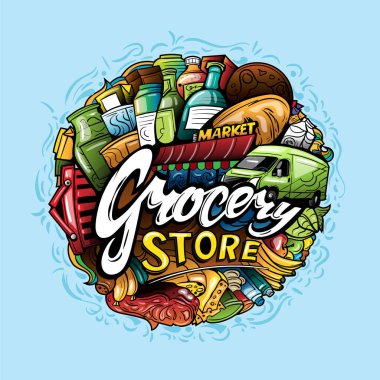 Market, vektör karikatür çizimleri, tüm pazar ürünleri