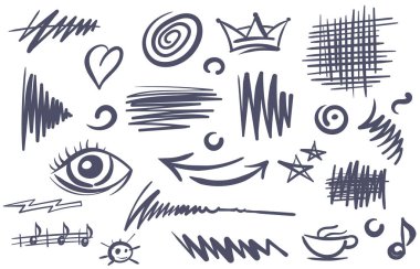 Soyut bir tema üzerine el çizimleri ve vuruşlar seti.