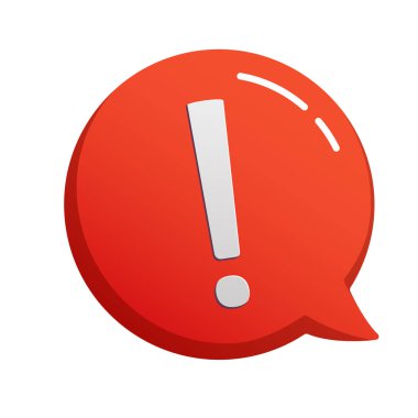 Kırmızı bir konuşma baloncuğunun içinde beyaz ünlem işareti ve üç boyutlu efekt çizimi. Tamamen düzenlenebilir.