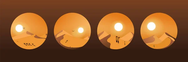 Set Decoratieve Cirkelvormige Illustraties Van Woestijnlandschappen Met Kamelen Perfect Voor — Stockvector