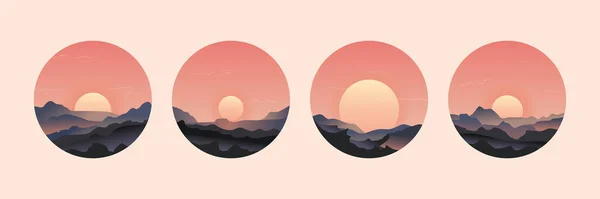 Dekorative Runde Sonnenaufgänge Illustrieren Landschaften Mit Bergen Perfekt Zur Dekoration — Stockvektor