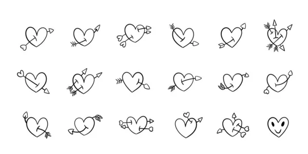 Set Hand Drawn Hearts Arrows Different Positions — Stock Vector