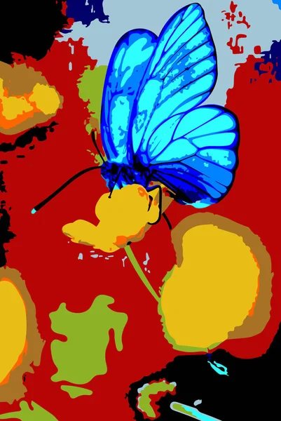 Kırmızı Arka Planda Canlı Mavi Kelebek Vektör Sanatı Dekorasyon Için — Stok Vektör