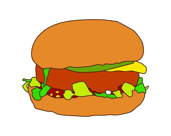 Appetizing Handmade Burger Simple Irregular Design Meat Lettuce Cheese Tomato — Stock Vector