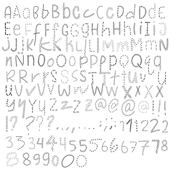 Alfabeto Línea Extraña Números Puntuaciones Muchas Variaciones Cada Personaje — Archivo Imágenes Vectoriales