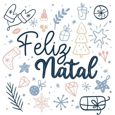 Portekizce 'de renkli süslerle mutlu Noeller. Çoraplar, çam ağacı, noel baloları, hediye, yıldızlar, yapraklar.