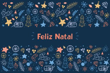 Portekizce 'de renkli süslerle mutlu Noeller. Karanlık arka plan. Eldivenler, çam ağacı, noel topları, hediye, yıldızlar, dallar.