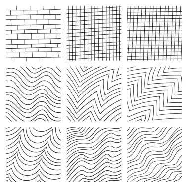 Farklı tarzlarda dizilmiş çizgiler. Damalı, tuğlalı, farklı konumlardaki dalgalar.