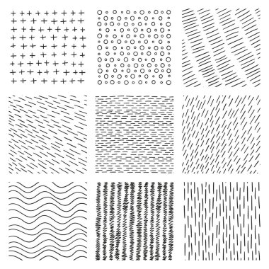 Çizgiler farklı stil ve pozisyonlarda dizilmiştir. Artı, iki, kalem çizikleri, dalgalar, çizikler, daireler vs..